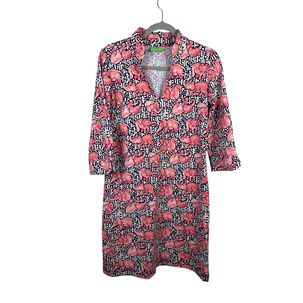 Katherine Way Shift Dress Women Medium Pink Elephant Print V-Neck 3/4 Sleeve USA